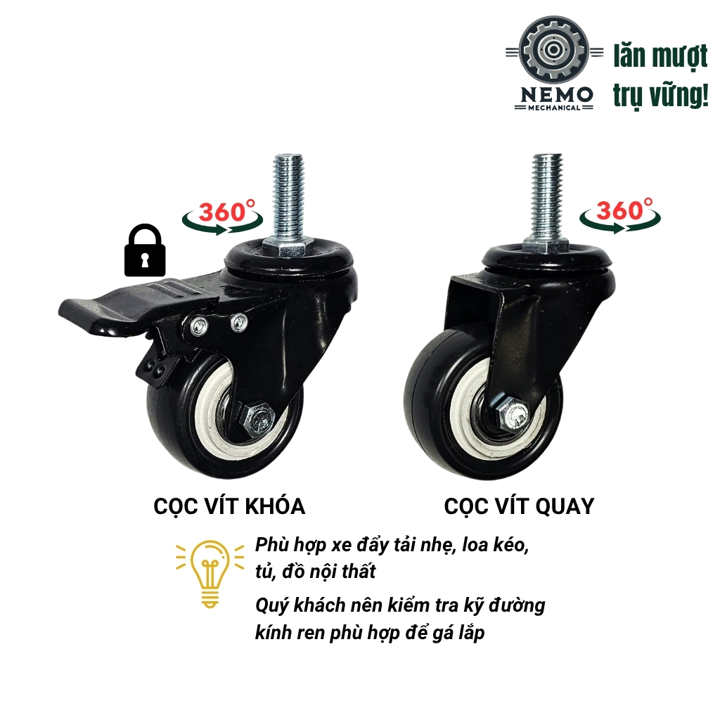 Bánh xe đẩy hàng đen trắng, loại cọc vít, có bạc đạn, đường kính bánh 4cm và 5cm, 40-50kg/1bánh